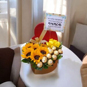 corazón con girasoles y chocolates